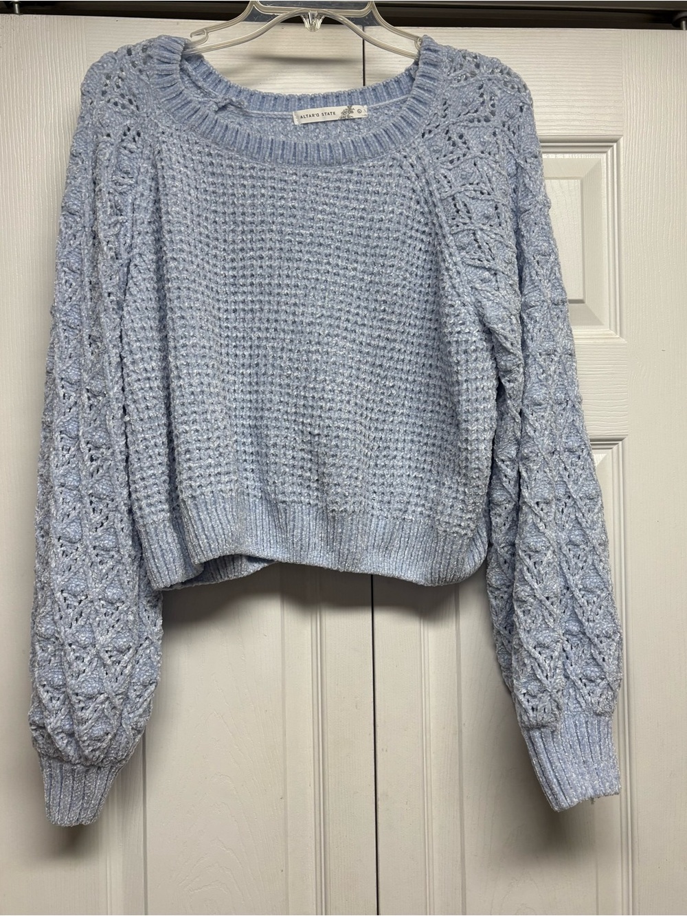 Altar'd State Light Blue Waffle Knit Sweater with Cable Balloon Sleeves